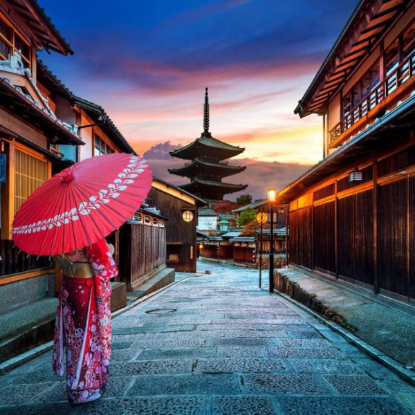 Asian woman wearing japanese traditional kimono at Yasaka Pagoda and Sannen Zaka Street in Kyoto, Japan.