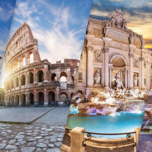 Coliseum, Trevi Fountain, Pantheon, Spanish Steps in one collage of Rome, Italy.